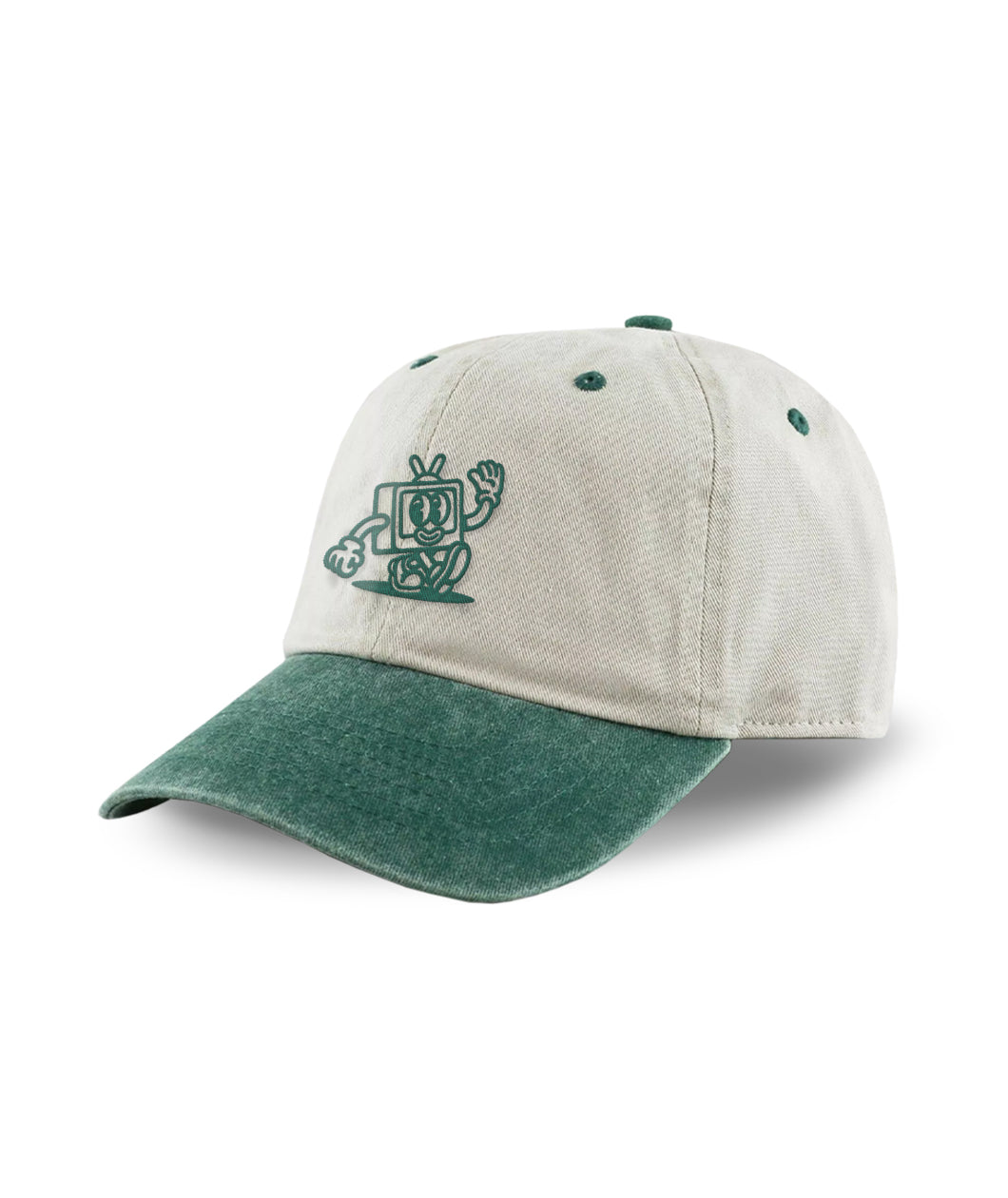 A baseball cap that has beige panels and a pigment washed green bill. On the front of the cap is an embroidered design of a TV character smiling and waving. From the Try Guys.