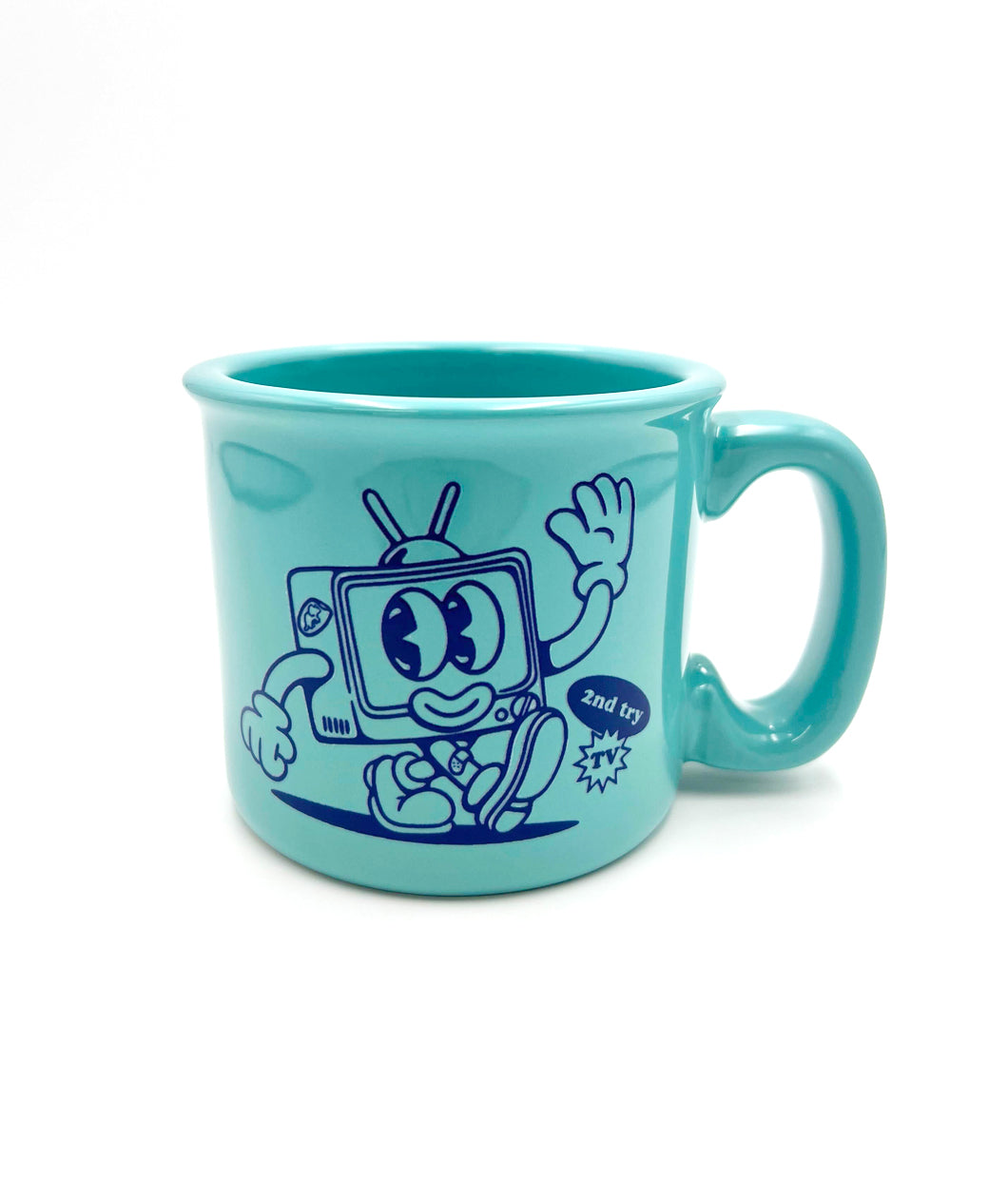 A teal blue mug with a design of a TV character printed in dark blue on the side. The tv character is walking and waving with a smile. From the Try Guys.