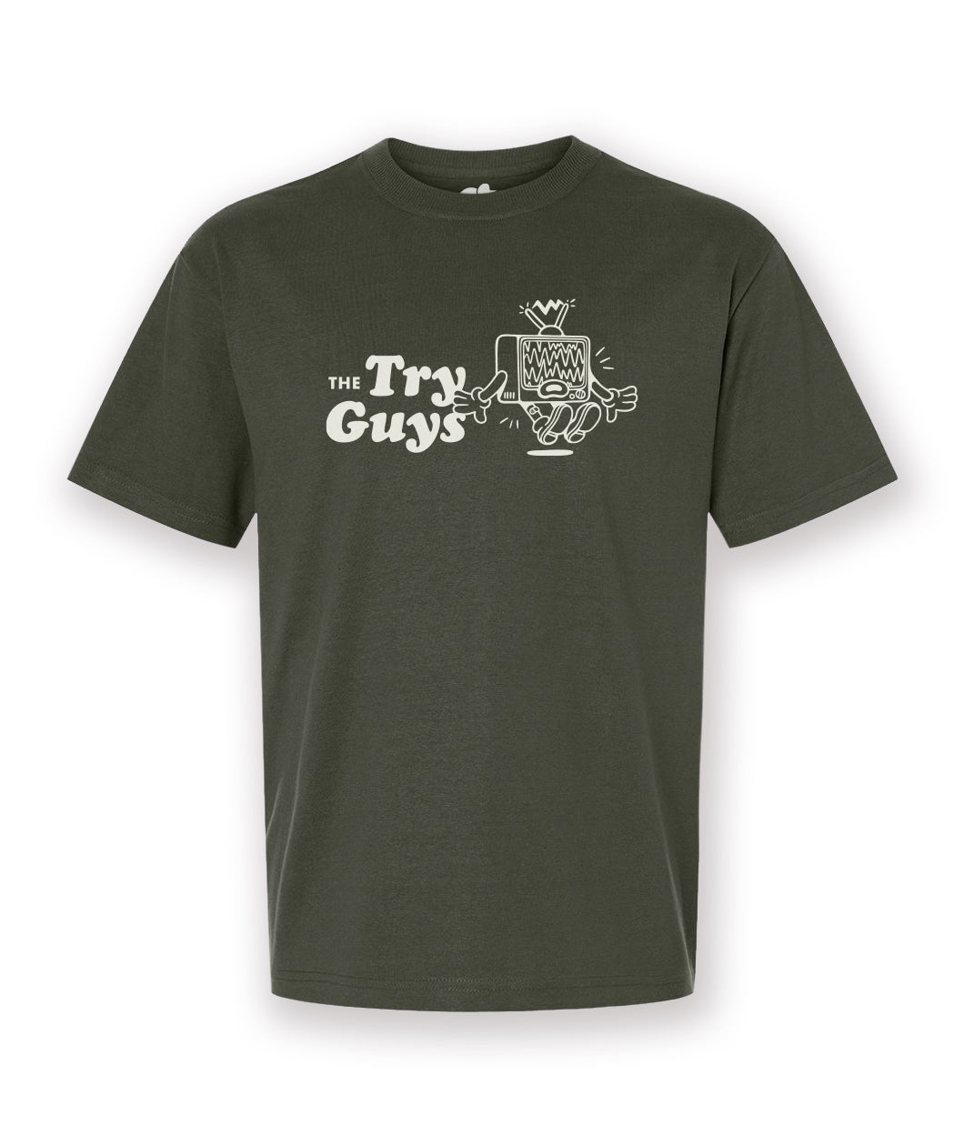 A dark green t-shirt with a design printed in white on the front. The design is of a TV character experiencing a shock through its antennas. Next to the character is text that reads, "The Try Guys". From the Try Guys.