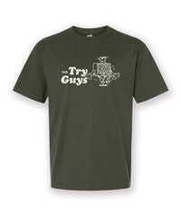 A dark green t-shirt with a design printed in white on the front. The design is of a TV character experiencing a shock through its antennas. Next to the character is text that reads, "The Try Guys". From the Try Guys.