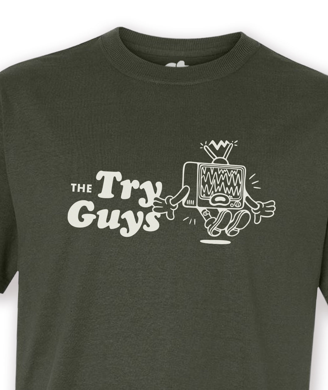 A closeup of a dark green t-shirt with a design printed in white on the front. The design is of a TV character experiencing a shock through its antennas. Next to the character is text that reads, "The Try Guys". From the Try Guys.