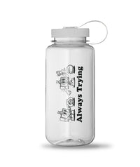 A clear water bottle with a white lid that has a design on the side. The design features a TV character sticking a finger in a fishbowl and being surprised by the fish biting its finger. Below the illustration is text that reads "Always Trying". From the Try Guys.