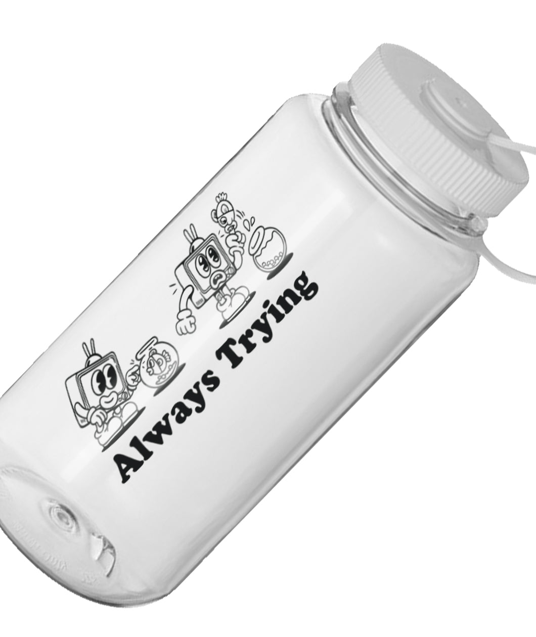 A closeup of a clear water bottle with a white lid that has a design on the side. The design features a TV character sticking a finger in a fishbowl and being surprised by the fish biting its finger. Below the illustration is text that reads "Always Trying". From the Try Guys.