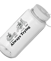 A closeup of a clear water bottle with a white lid that has a design on the side. The design features a TV character sticking a finger in a fishbowl and being surprised by the fish biting its finger. Below the illustration is text that reads "Always Trying". From the Try Guys.