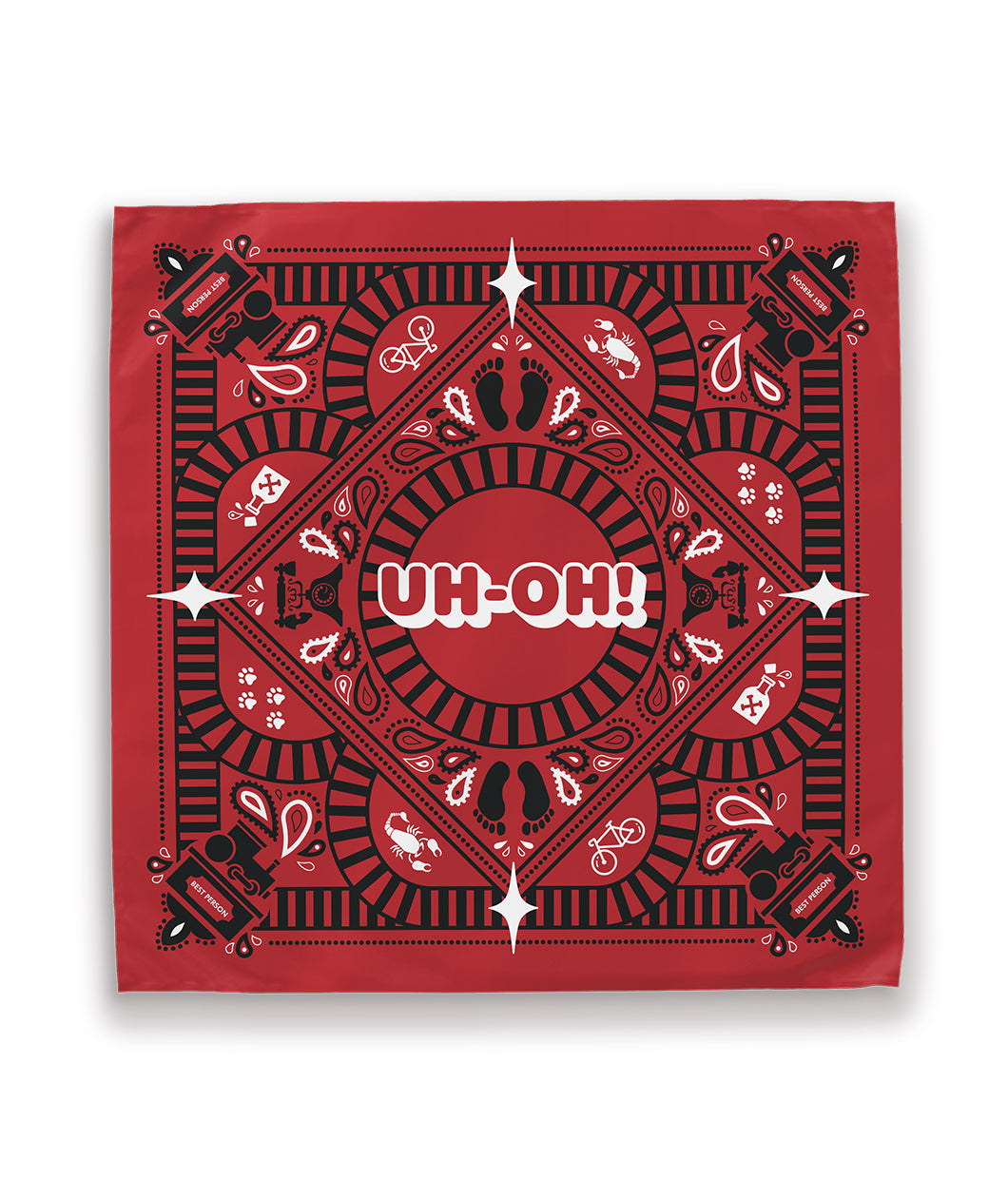 A red bandana with a black and white design on it. The design contains motifs from the show, Trolley Problems, with references to the Best Person trophy, the phrase "Uh-oh!", and challenges from the game. From the Try Guys.