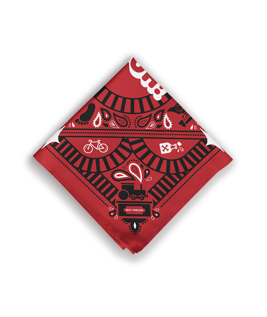 A red bandana with a black and white design on it. The design contains motifs from the show, Trolley Problems. The bandana is folded into a square. From the Try Guys.