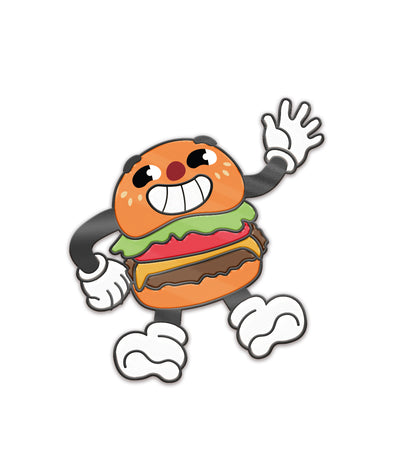 An enamel pin of the burger character. The burger is smiling and waving. From the Try Guys.