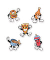 Five enamel pins of different food character designs. The characters are of a burger, a fried chicken drum, a pizza, a bowl of noodles, and a soft drink. From the Try Guys.