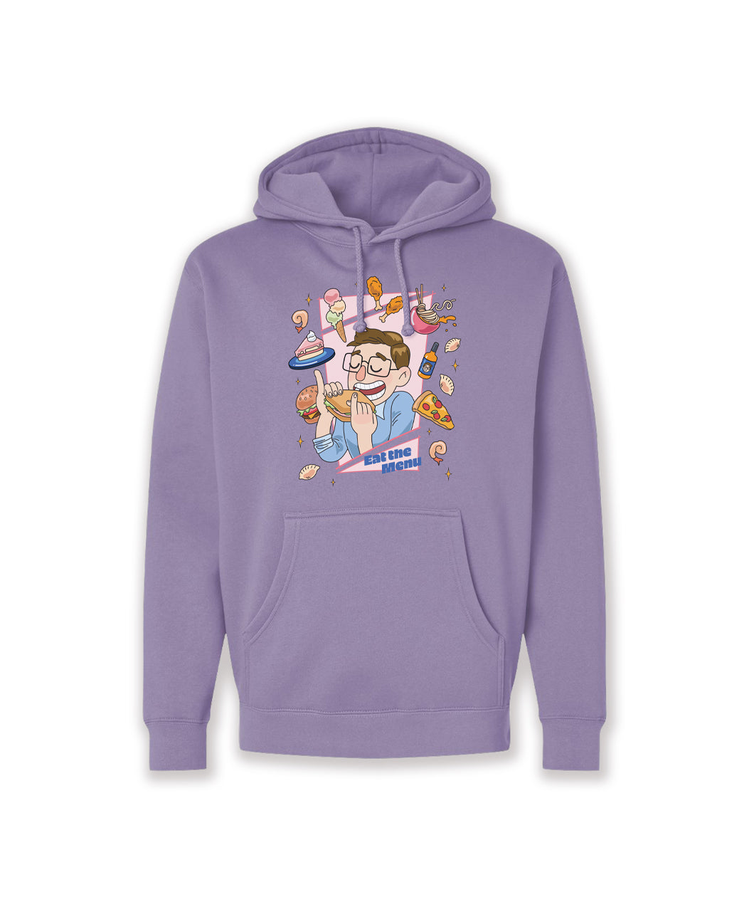 A light purple hoodie with a design of Keith eating a sandwich while surrounded by a bounty of floating food. From the Try Guys.