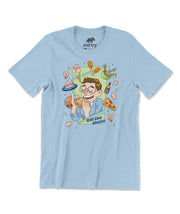 A light blue t-shirt with a design of Keith eating a sandwich while surrounded by a bounty of floating food. From the Try Guys.