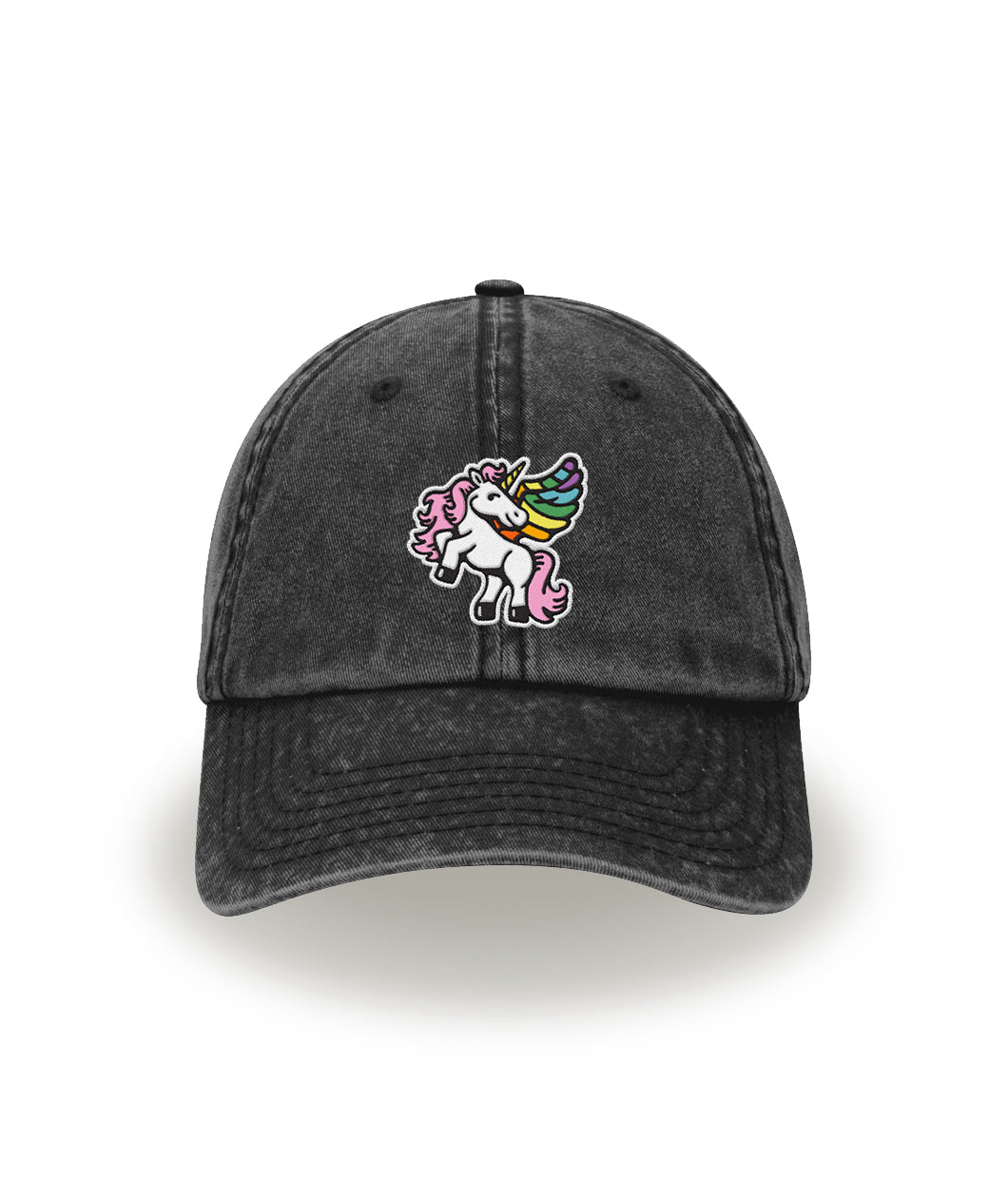 A black stone wash hat with a design of Eugene's Gay Horse creation from Without Instructions. The design features an embroidered stitch of a sassy unicorn with wings. From Try Guys.