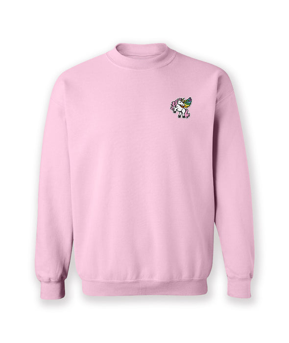 A pink crewneck sweatshirt with a design of Eugene's Gay Horse creation from Without Instructions. The design features an embroidered stitch of a sassy unicorn with wings over the left breast. From Try Guys.