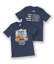 A navy blue t-shirt with a design of Keith eating a city made up of food. On the back of the shirt is a list of tour dates and locations for the Eat the Menu tour. From the Try Guys.