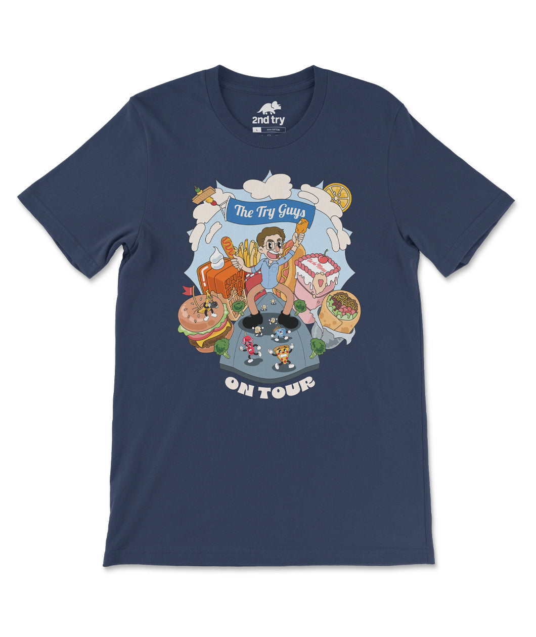 A navy blue t-shirt with a design of Keith eating a city made up of food. The shirt reads, "The Try Guys On Tour". From the Try Guys.