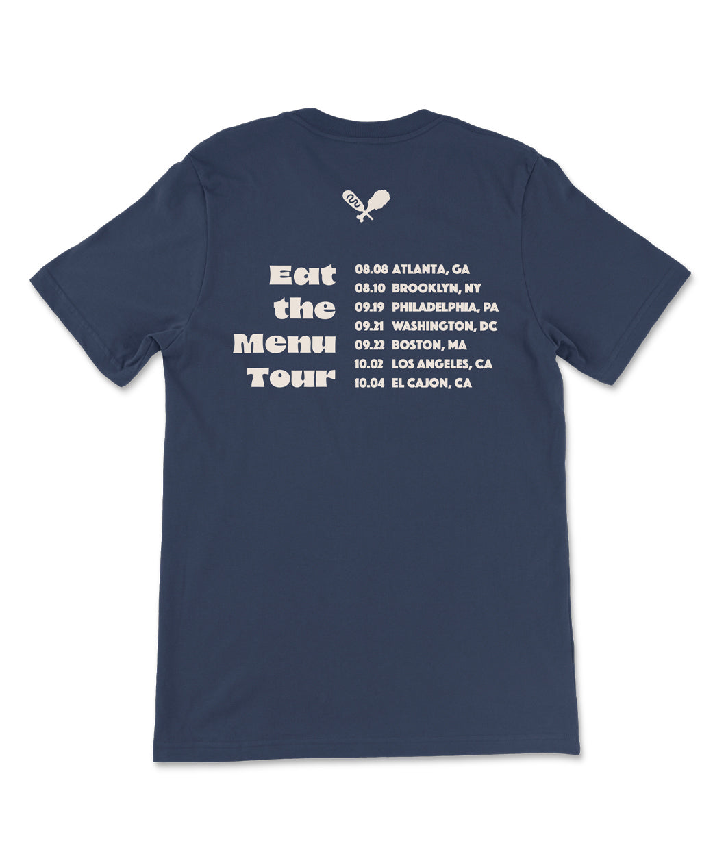 The back of a navy blue shirt with a list of tour dates and locations for the Eat the Menu tour. From the Try Guys.