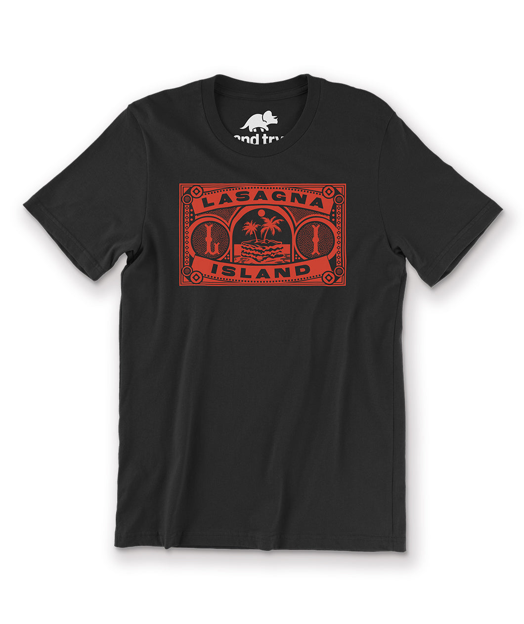 A black t-shirt with a red design on the front. The design has a rectangular composition with the text "Lasagna Island"  spreading across the top and the bottom. Between the words is a little illustration of lasagna in the sea, with two palm trees on top. From the Try Guys.