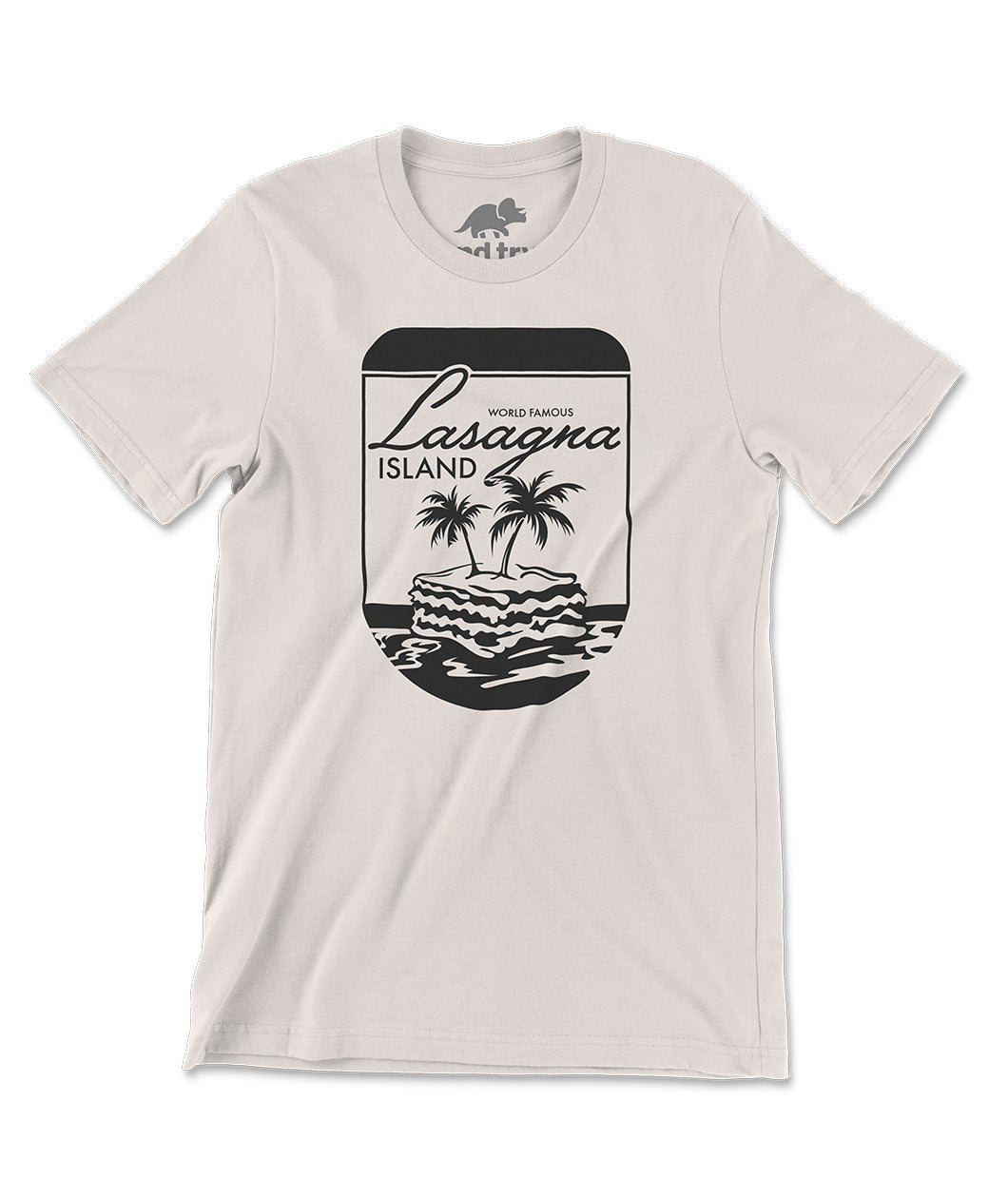 An off-white shirt with a design printed in black on the front. The design is of a round, pill-shaped border with a lasagna floating atop the sea. Two palm trees are sprouting from the lasagna. Above the is text that reads "World Famous Lasagna Island." From the Try Guys.