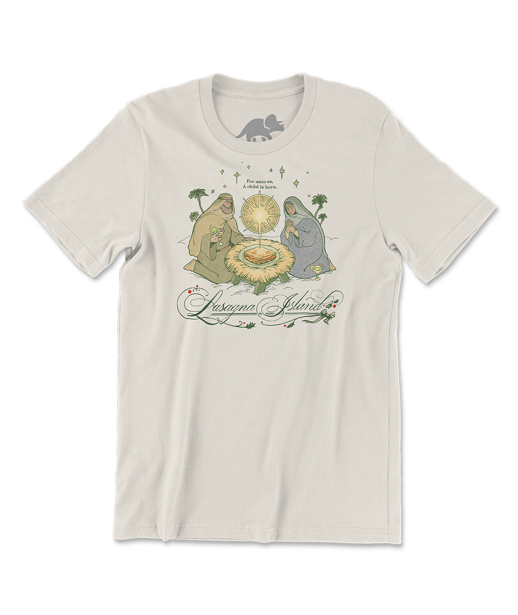 A natural white t-shirt with a textured illustration printed on the front. The illustration shows Joseph and Mary kneeling in front of a manger containing a plate of lasagna. The text reads "For unto us, a child is born. Lasagna Island" From the Try Guys.