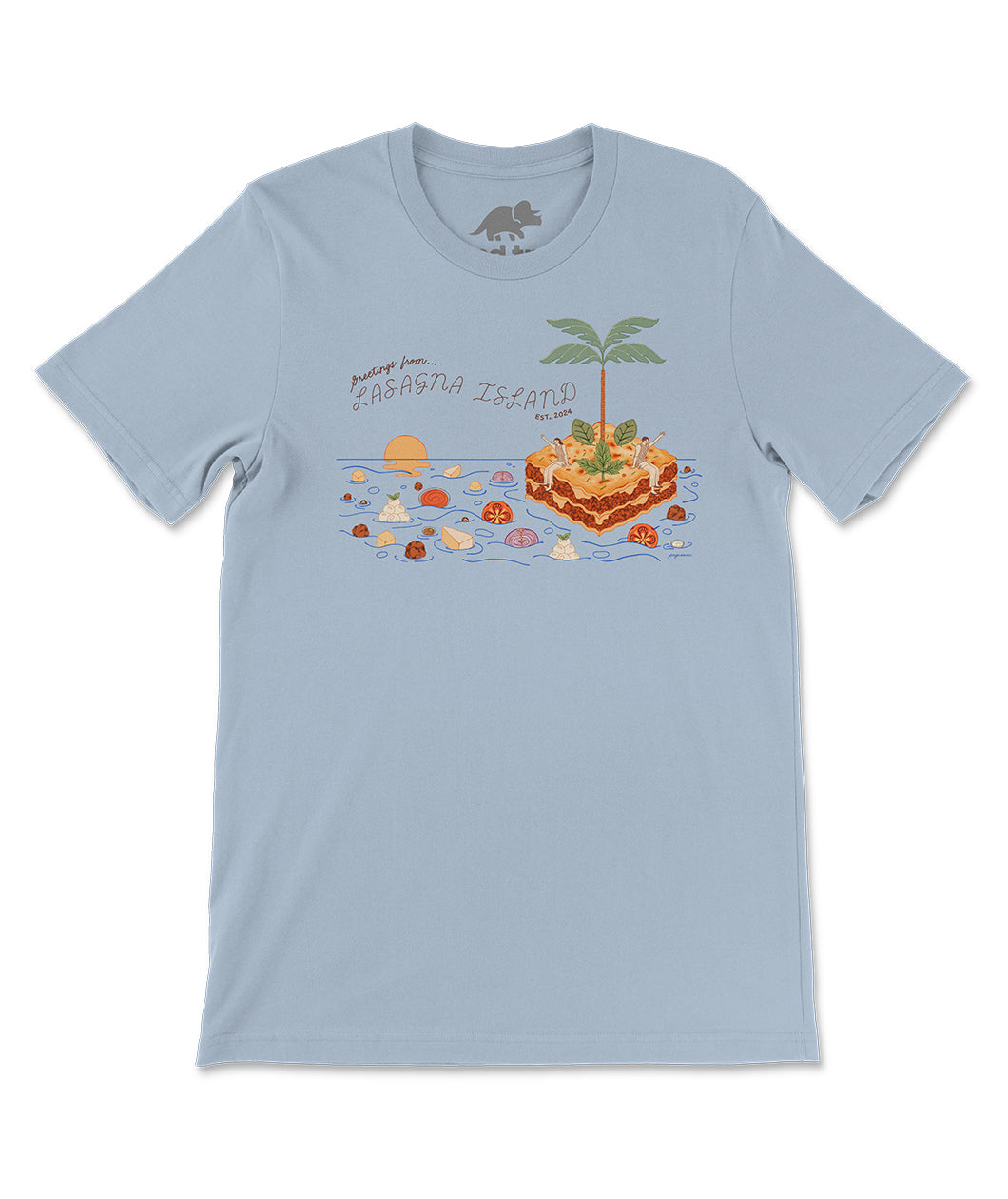 A blue t-shirt with a design on the front. The design is an illustration of two people sitting on a floating lasagna island. Surrounding them is an ocean filled with lasagna ingredients like tomatoes, onions, cheese, and more. Next to the illustration is text that reads, "Greetings from Lasagna Island, est. 2024". From the Try Guys.