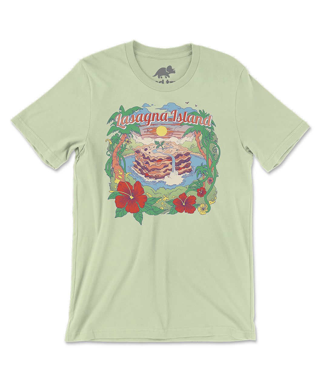 A light green shirt that as an illustration on the front. The illustration is over a tropical setting with plants and flowers surrounding a lasagna island. Above the illustration is text that reads "Lasagna Island". From the Try Guys.