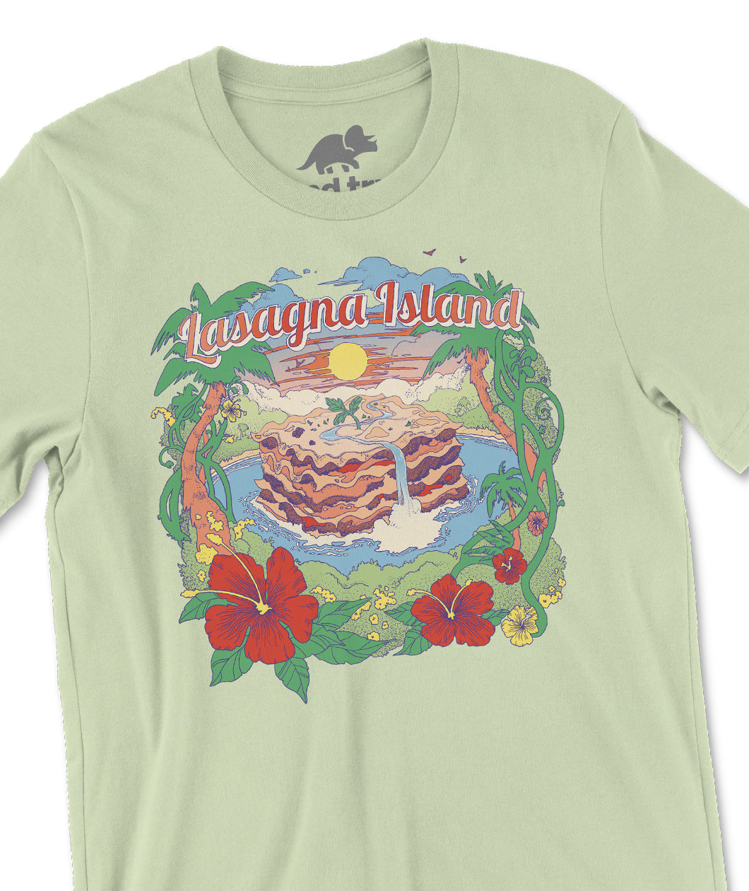 A closeup of a light green shirt that as an illustration on the front. The illustration is over a tropical setting with plants and flowers surrounding a lasagna island. Above the illustration is text that reads "Lasagna Island". From the Try Guys.