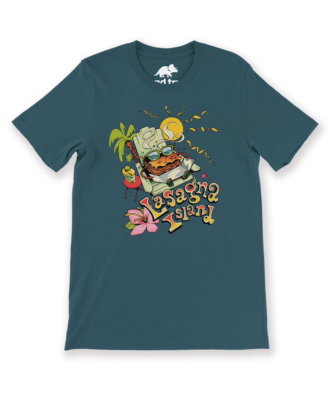 A t-shirt that has a design of a lasagna sunbathing on a beach chair. The lasagna character is holding a sunbathing mirror and is sitting next to a palm tree, a table with a drink, and a hibiscus flower. Under the design is the text "Lasagna Island". From the Try Guys.