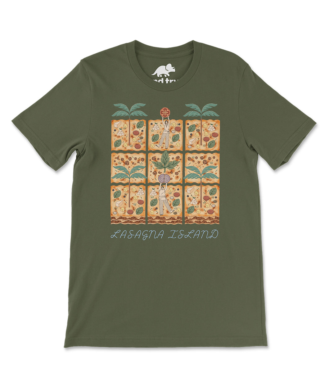 A military green t-shirt with a lasagna island design on the front. The design has a square composition with the text "Lasagna Island" spreading across the bottom. The illustration of lasagna is of pieces broken up into 9 parts like separate islands. From the Try Guys.
