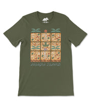 A military green t-shirt with a lasagna island design on the front. The design has a square composition with the text "Lasagna Island" spreading across the bottom. The illustration of lasagna is of pieces broken up into 9 parts like separate islands. From the Try Guys.
