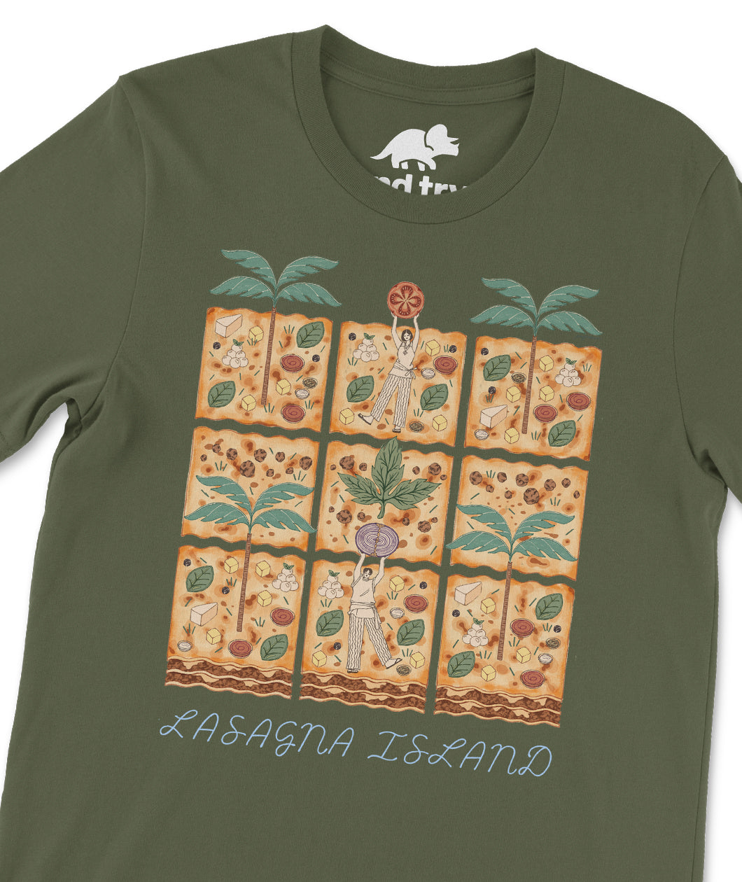 A closeup of a military green t-shirt with a lasagna island design on the front. The design has a square composition with the text "Lasagna Island" spreading across the bottom. The illustration of lasagna is of pieces broken up into 9 parts like separate islands. From the Try Guys.