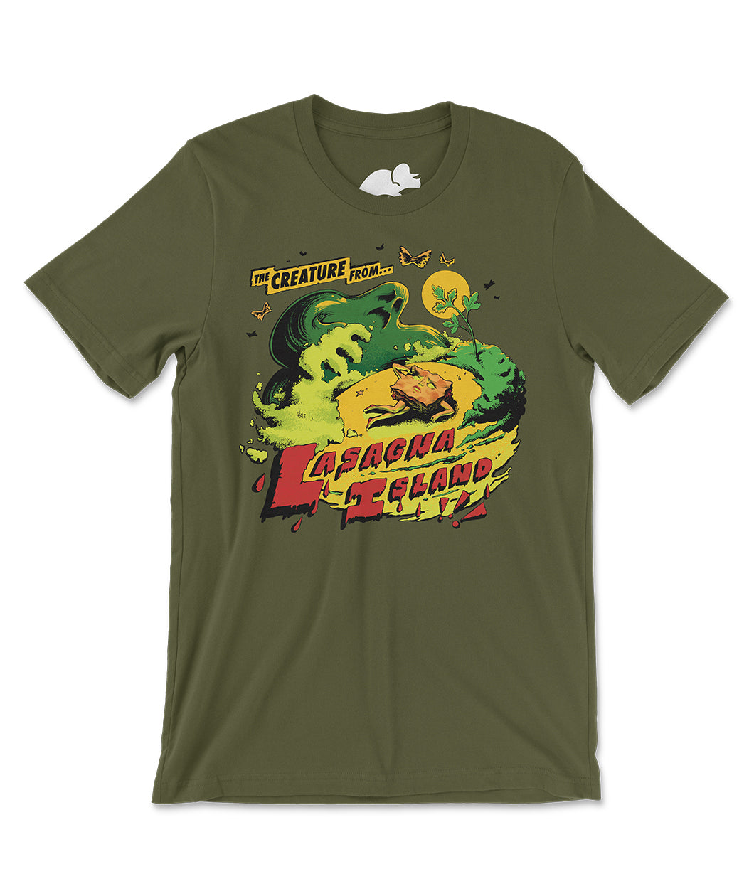 An olive green t-shirt with a textured illustration printed on the front. The illustration shows a watery monster looming over an anthropomorphized lasagna woman collapsed on a beach. The text reads "The Creature From... Lasagna Island!!!" From the Try Guys.