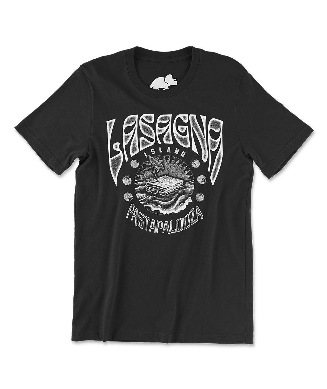 A black t-shirt with a white design printed on the front. The front of the shirts shows a music festival style graphic of a lasagna island floating in the sea, surrounded by text that reads, "Lasagna Island" and "Pastapalooza." From the Try Guys.