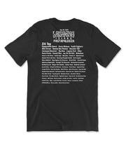 A black t-shirt with a white design printed on the back. The back of the shirt has a series of text. In large font is text that reads, "Aug 29, 2024, Lasagna Island Pastapalooza." Below that header is a long list of famous music artists whose names have been turned into pasta puns. From the Try Guys.