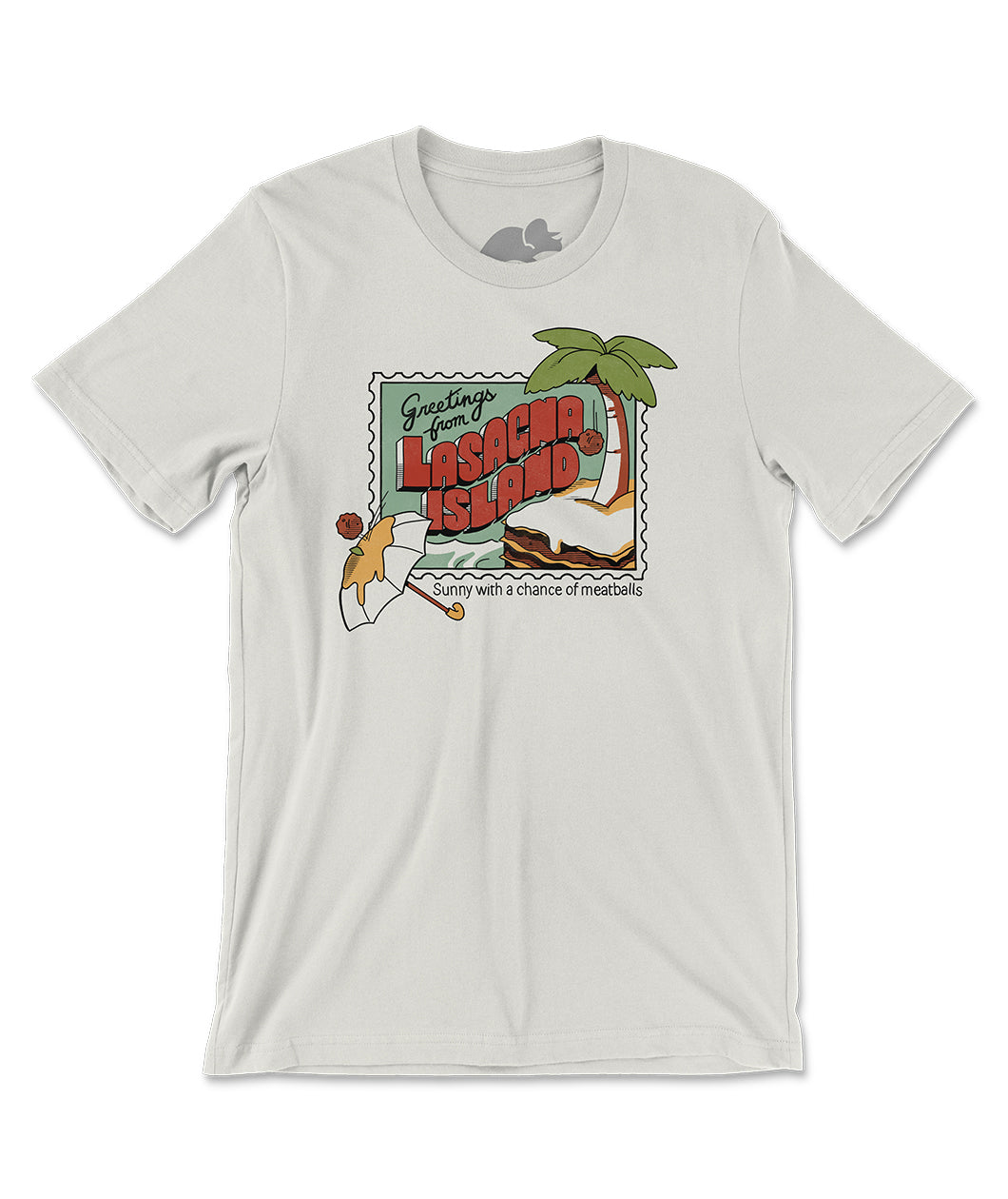 An off-white tshirt with a postcard style illustration on the front. It shows meatball falling from a palm tree on top of a piece of lasagna floating in the water. There is another meatball bouncing off of a cheese-covered umbrella. The text reads "Greetings from Lasagna Island: Sunny with a chance of meatballs". From the Try Guys.
