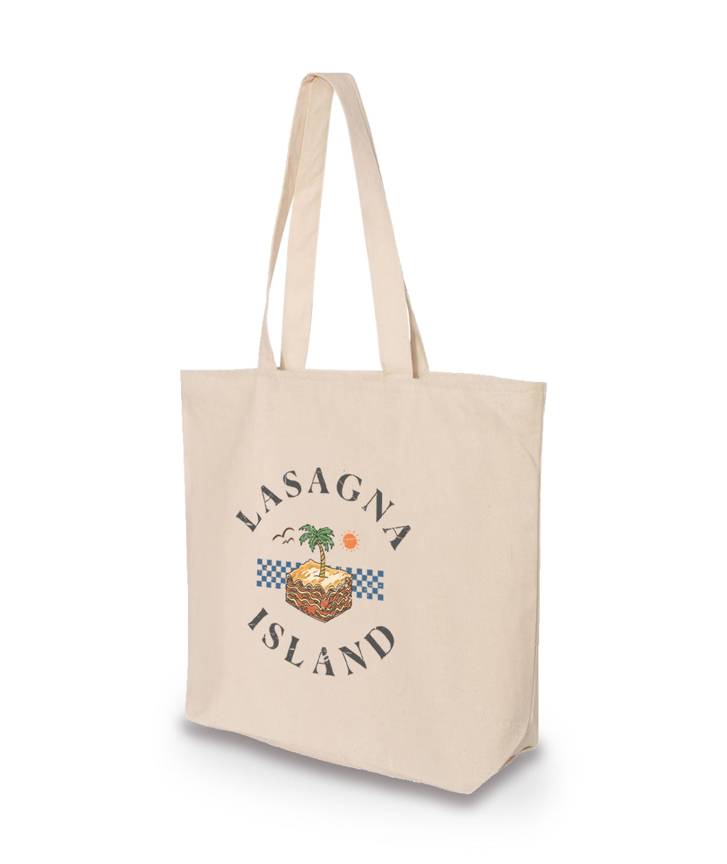 A three-quarters view of a large canvas tote bag with a design on its side. The design is of a piece of lasagna with a palm tree sprouting in the center, and birds and a sun in the background. Circling around the illustration is text that reads. "Lasagna Island." From the Try Guys.