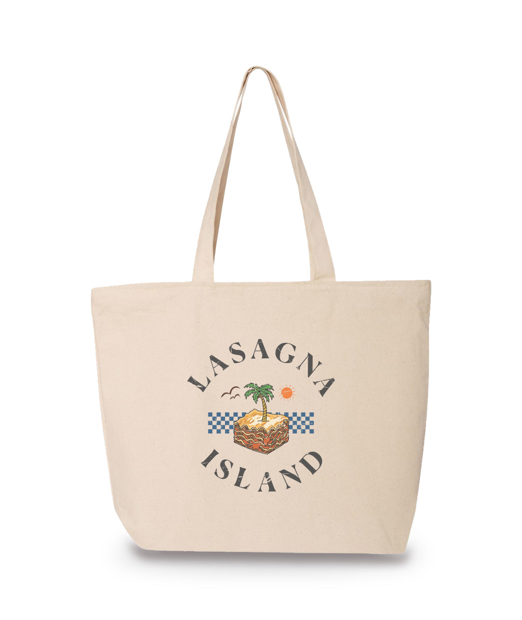 A front facing view of a large canvas tote bag with a design on its side. The design is of a piece of lasagna with a palm tree sprouting in the center, and birds and a sun in the background. Circling around the illustration is text that reads. "Lasagna Island." From the Try Guys.