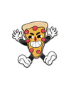 An enamel pin of the pizza character. The pizza is grinning and jumping in the air. From the Try Guys.