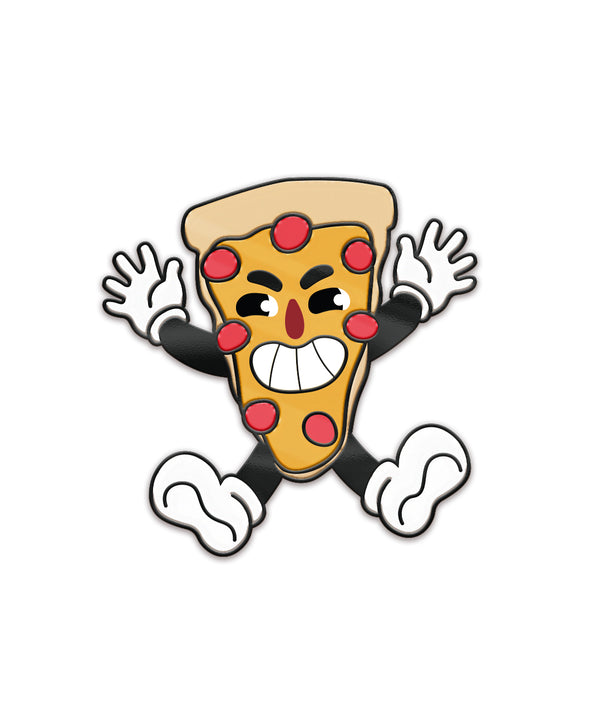 An enamel pin of the pizza character. The pizza is grinning and jumping in the air. From the Try Guys.