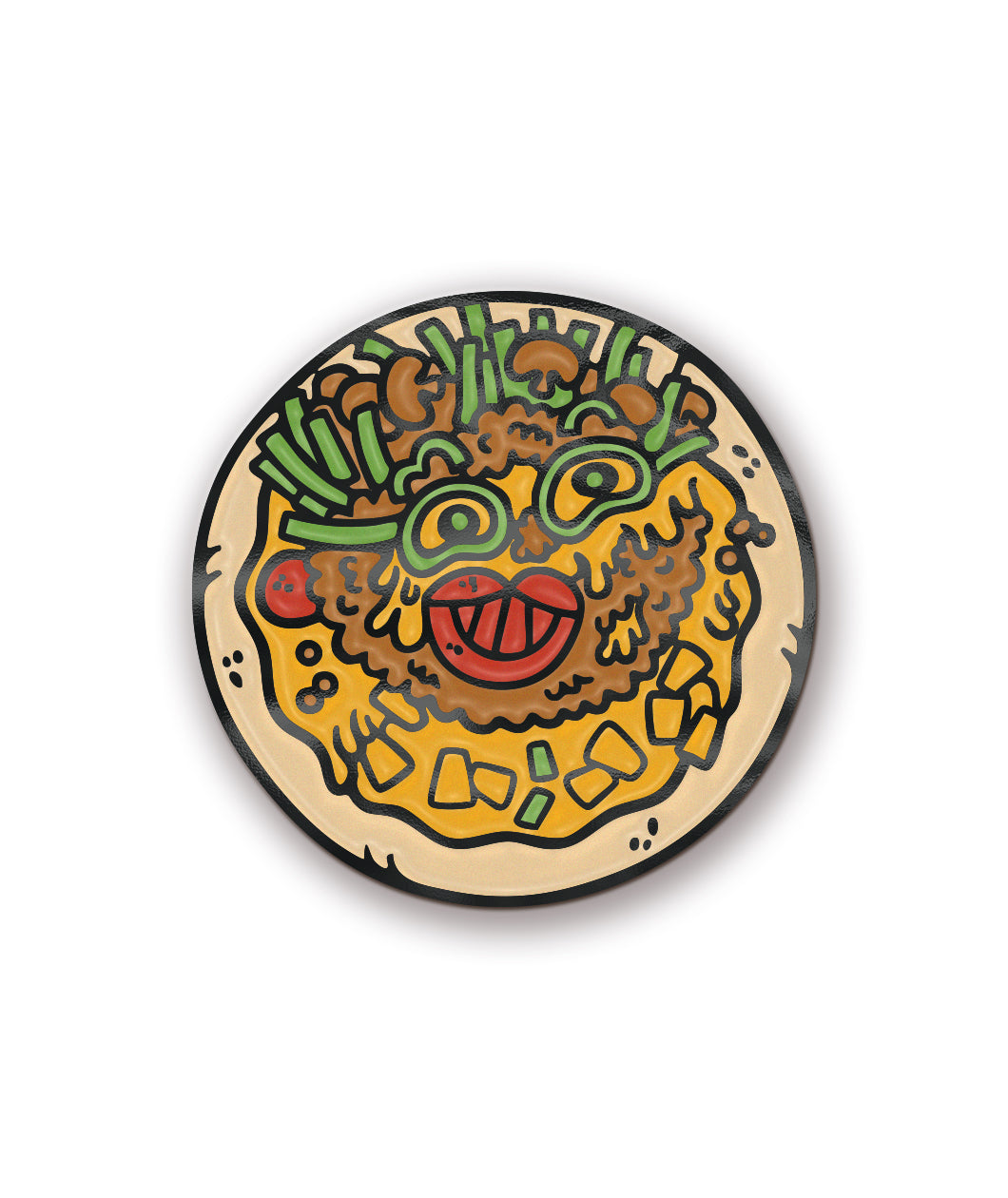 An enamel pin of a pizza with toppings. The toppings are placed to form the vague  facial features of a smiling Zach Kornfeld. From the Try Guys.