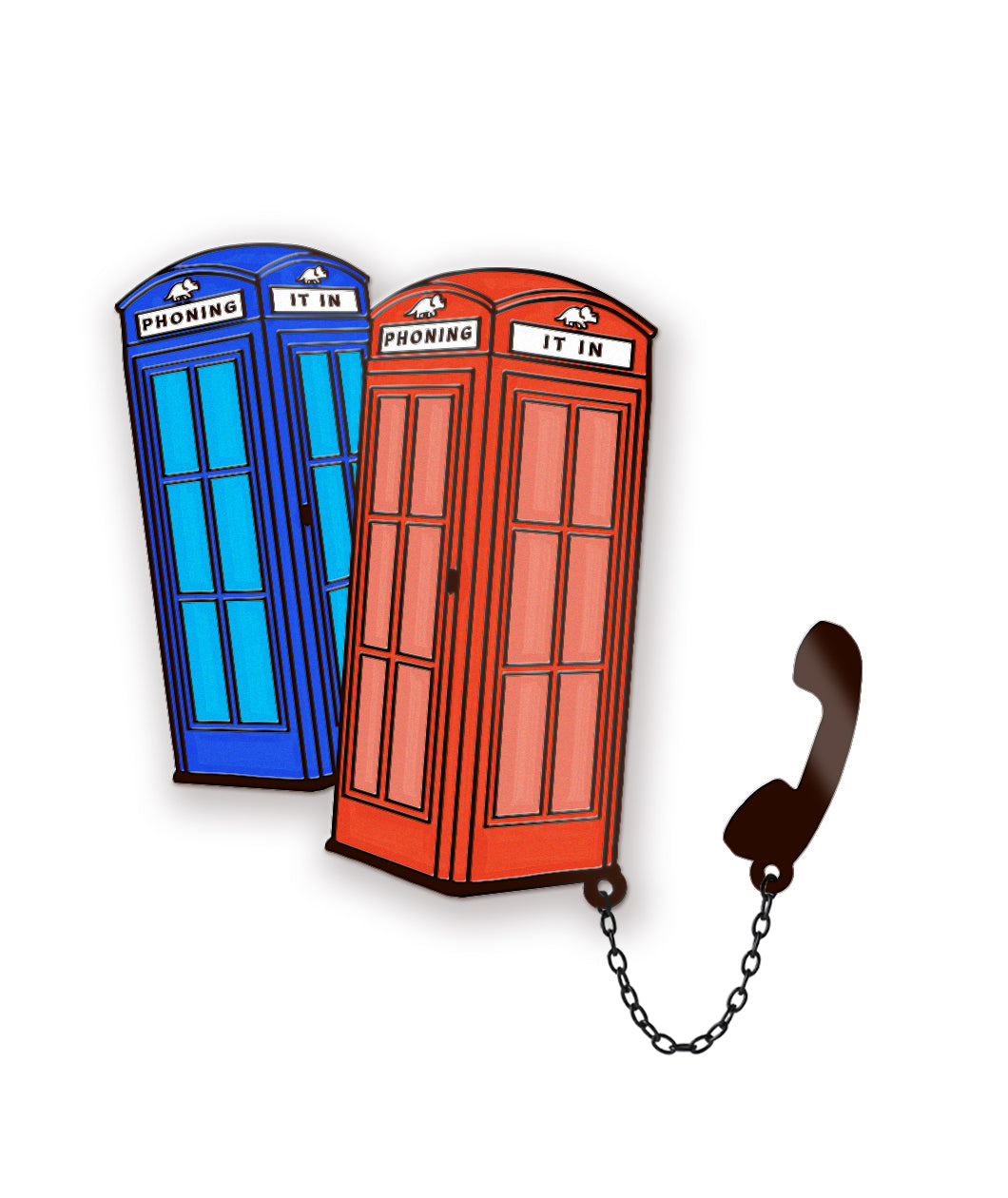 A soft enamel pin of two phone booths attached to a handheld phone by a black chain. One phone booth is blue and the other is red. Both read "Phoning It In" at the top of the booth. From the Try Guys.