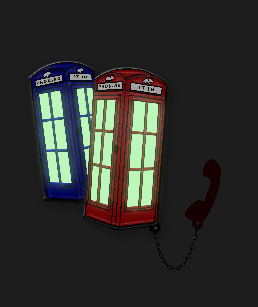 A soft enamel pin of two phone booths attached to a handheld phone by a black chain. One phone booth is blue and the other is red. Both read "Phoning It In" at the top of the booth. The windows of both booths glow in the dark. From the Try Guys.