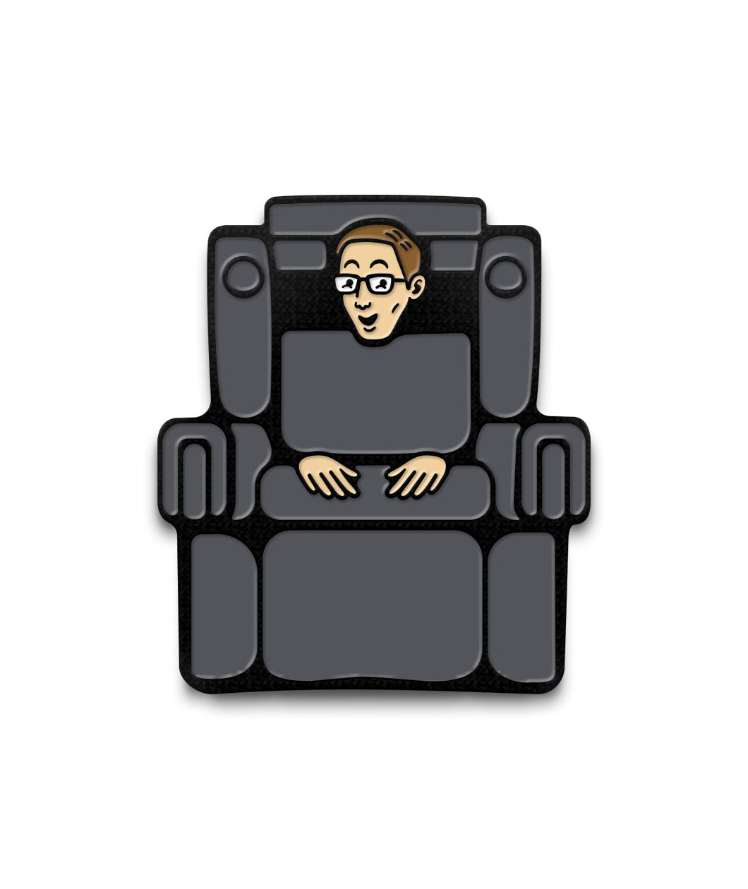 An enamel pin of Keith disguised as a grey arm chair. Keith has a silly smile and hands poking out of the cushions. From the Try Guys.