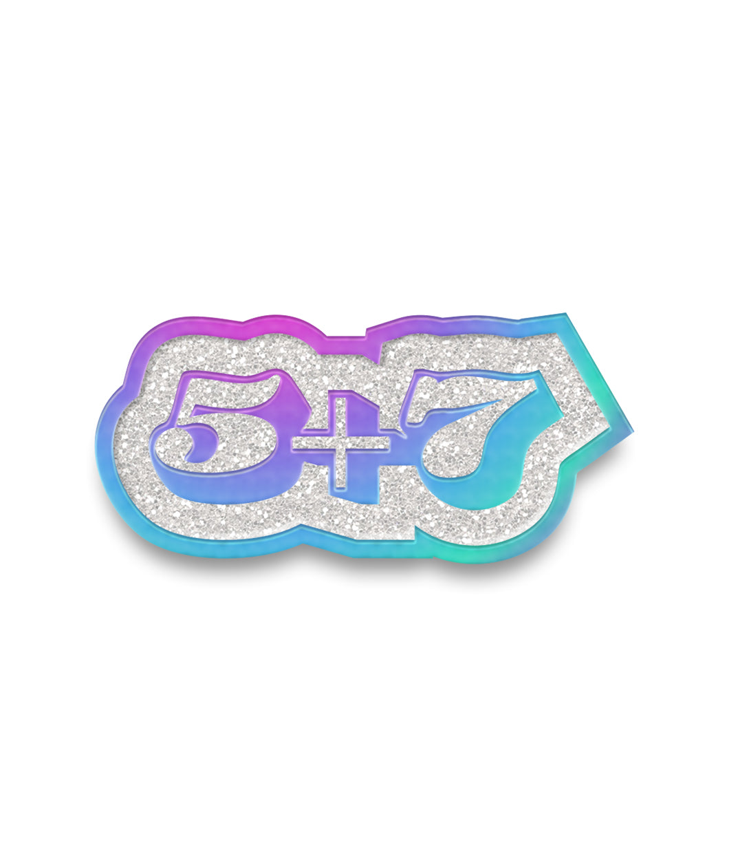 An enamel pin of a design that reads "5+7". That text has a rainbow color scheme and is surrounded by glitter. From the Try Guys.