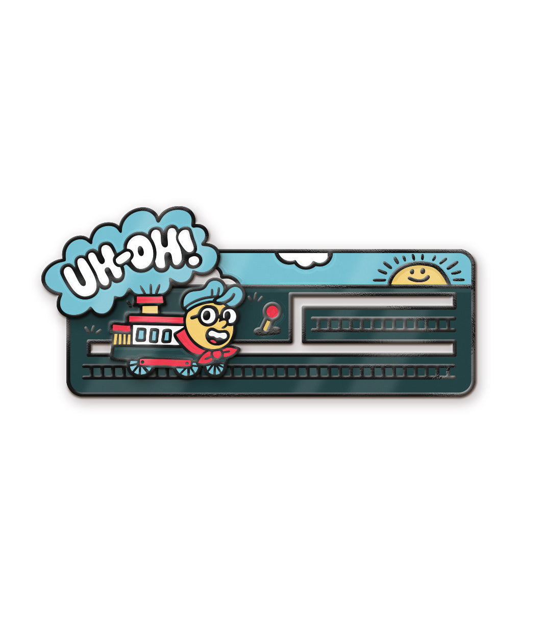 An enamel pin of a trolley with Zach's face on it, running on a track. From the trolley is a plume of smoke with text that reads, "Uh-Oh!". From the Try Guys.