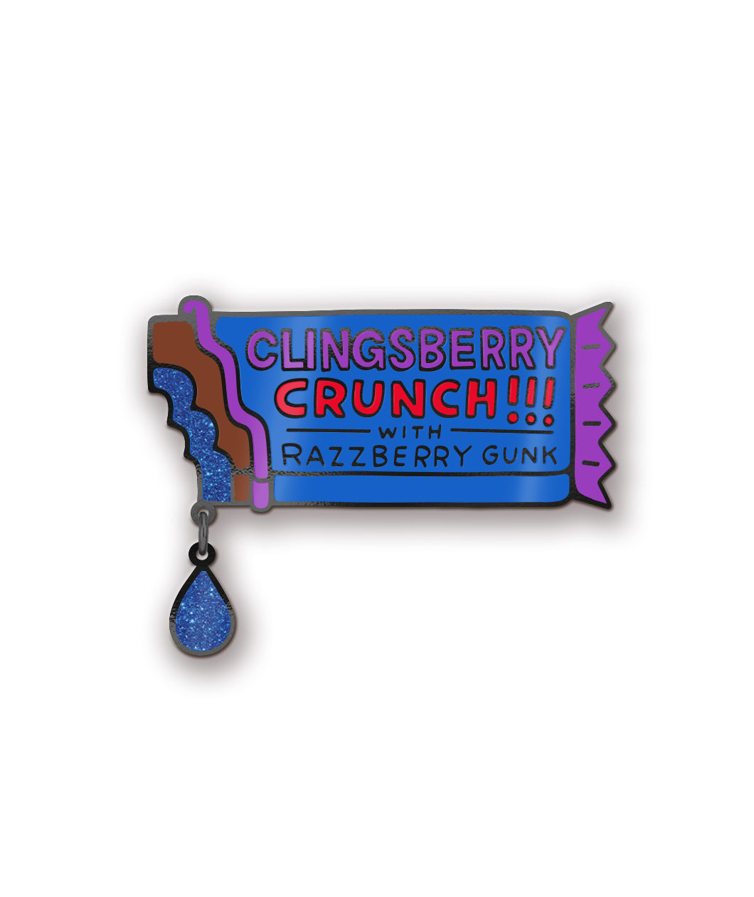 An enamel pin of a fictional candy bar. The candy bar has a blue wrap that reads "Clingsberry Crunch!!! with Razzberry Gunk" and is peeled open to expose a chocolate bar with blue filling. The blue filling has glitter. From the Try Guys.
