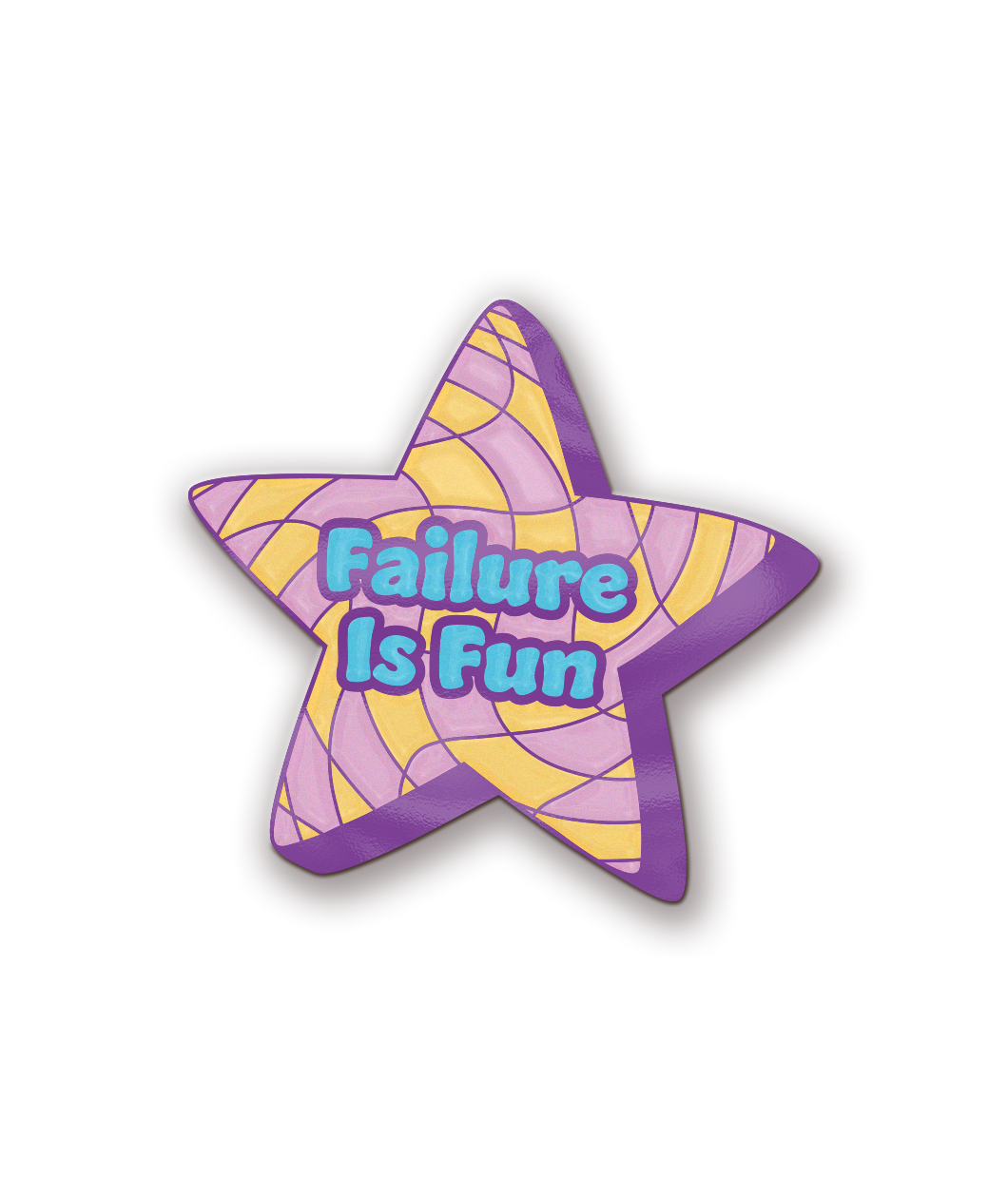 A soft enamel pin of a start with a swirling tile texture on it. The start is purple with yellow and pink patterns, with the text "Failure is Fun" written in blue in the center. From the Try Guys.