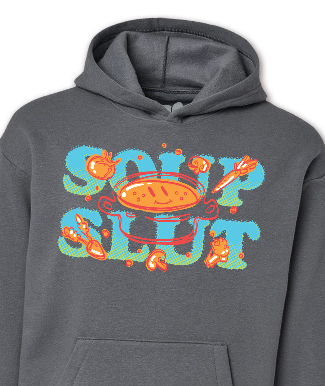 A close up of a dark gray hoodie with a design on the front. The design has an illustration of a smiling pot of soup, surrounded by soup ingredients. Behind the pot is large text that reads, "Soup Slut." From the Try Guys.