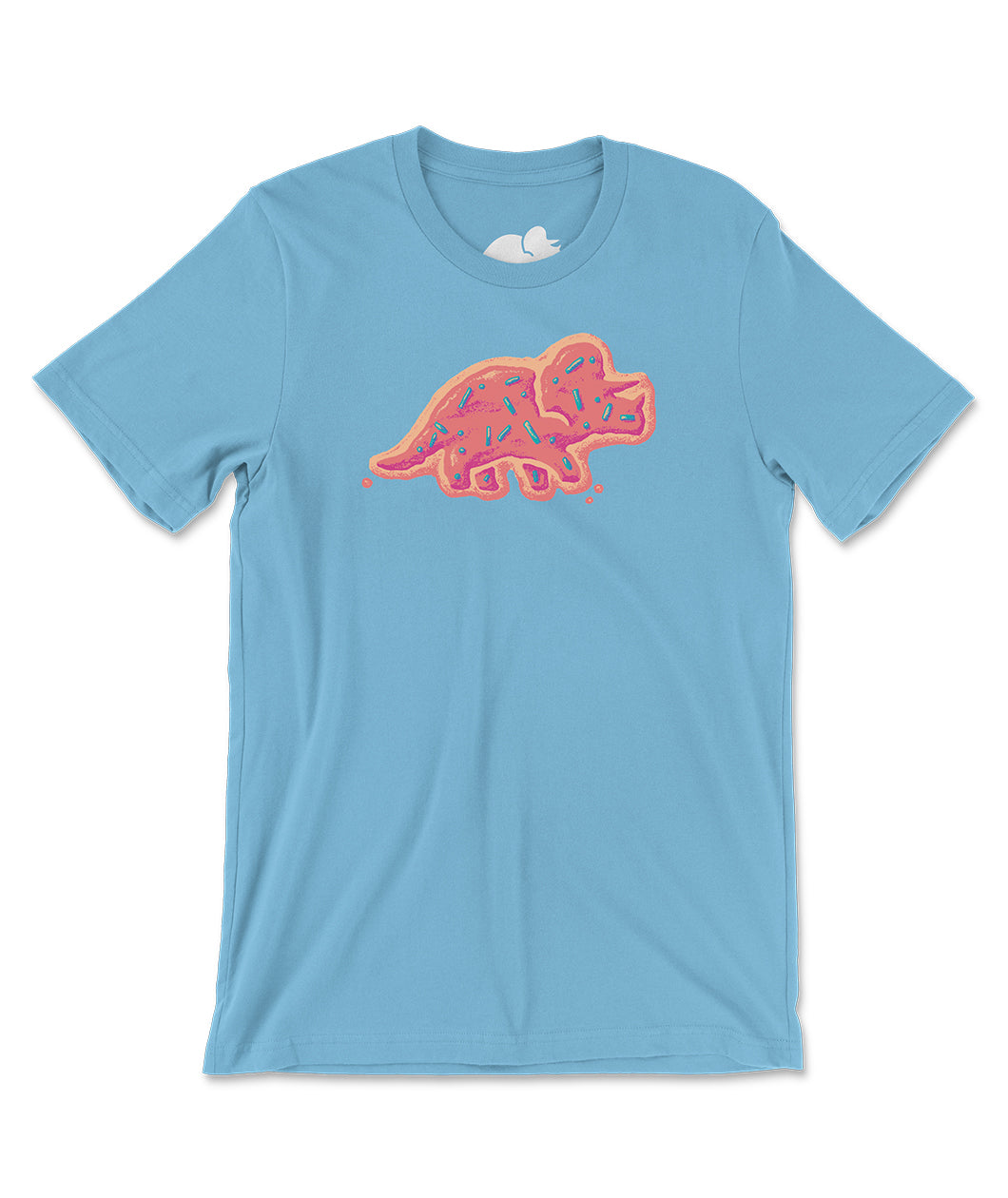 A light blue t-shirt with a design on the front. The design is a stylized illustration of the Try Guys' triceratops logo, Stompy. Stompy is drawn to look like a frosted cookie with pink icing and sprinkles. From the Try Guys.