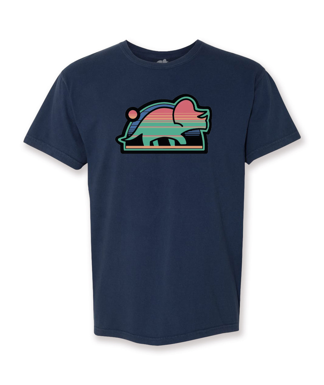 A dark navy t-shirt with a design of a multicolored triceratops logo on the front. From the Try Guys.