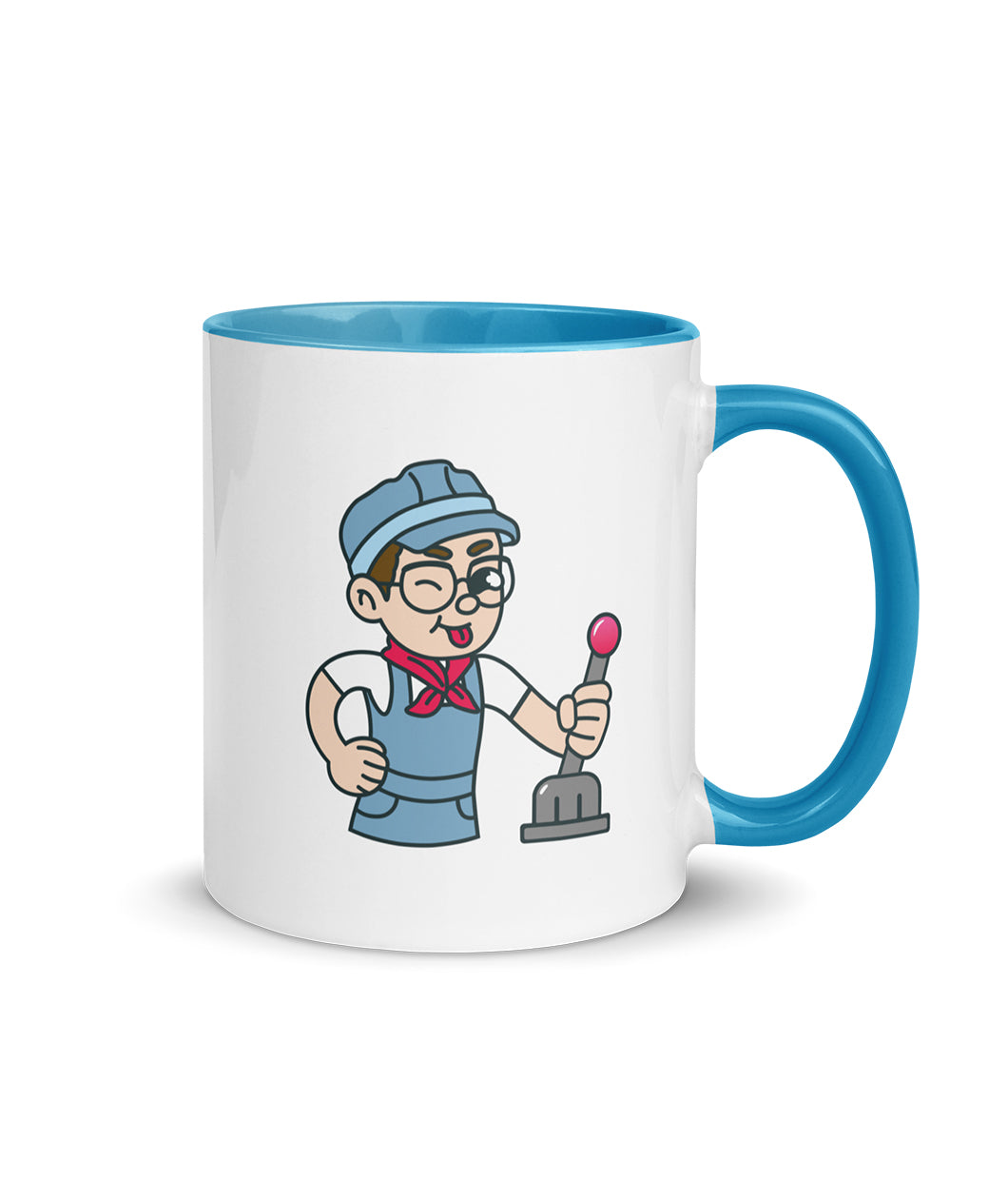 A white ceramic mug with a blue handle and interior. The mug has a design of Conductor Zach about to pull a lever. From the Try Guys.