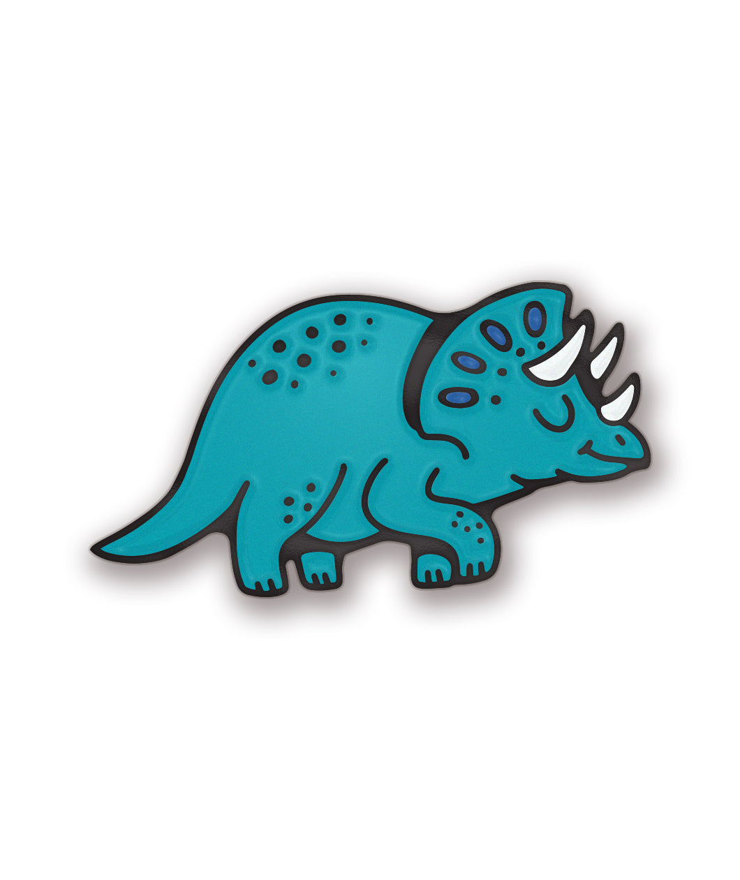 An enamel pin from the Try Guys anniversary collection. The enamel pin is a stylized version of the Tryceratops logo. From Try Guys.